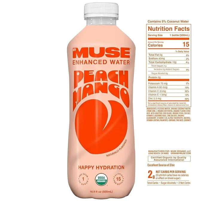 MyMuse Organic Enhanced Flavored Water, Variety Pack, 16.9 Fl Oz Bottle (12 pack), 1G of Sugar, Immune Support with Zinc &...