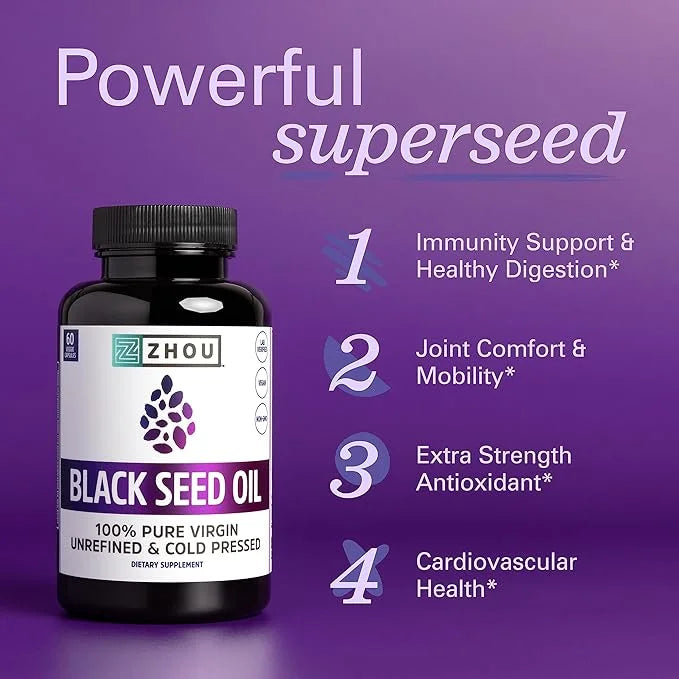 Zhou Nutrition Black Seed Oil Capsules, 100% Virgin, Cold Pressed Source of Omega 3 6 9, Super Antioxidant for Immune Supp...