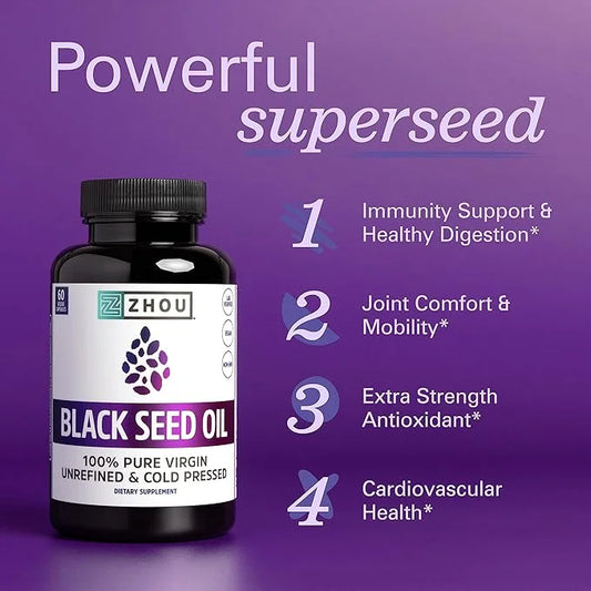 Zhou Nutrition Black Seed Oil Capsules, 100% Virgin, Cold Pressed Source of Omega 3 6 9, Super Antioxidant for Immune Supp...