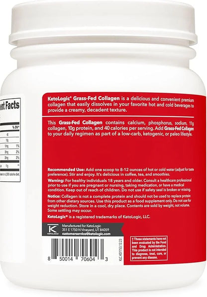 Ketologic Grass Fed Collagen Hydrolysate Powder (1 LB) 41 Servings, 11 G 10 G