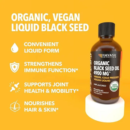 Organic Black Seed Oil Cold Pressed Liquid - 4900mg Black Cumin Supplement for Immune System Function, Joint Health, Diges...