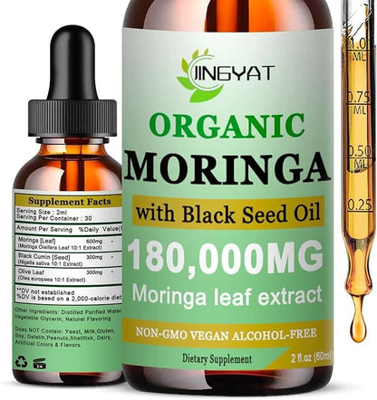 Organic Moringa Liquid Drops,Pure Moringa Oleifera Leaves Extract w/Black Seed Oil Supplement for Energy,Skin,Gut Health,I...