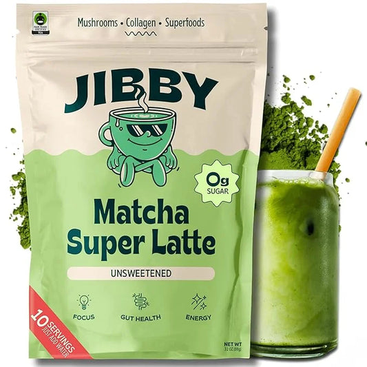 JIBBY Mushroom Matcha Super Latte - Ceremonial Grade Green Tea Organic Matcha Powder, Collagen, MCT Oil, Superfood Mushroo...