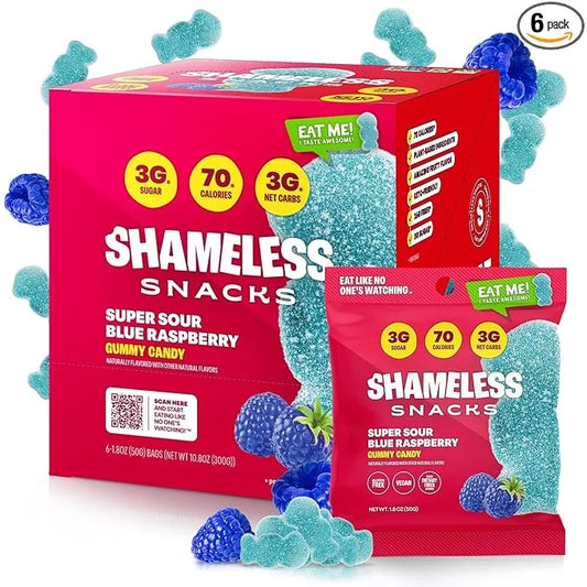 Shameless Snacks - Healthy Low Calorie Snacks, Low Carb Keto Gummies (Gluten Free Candy) - 6 Pack Sour Blue Raspberry - Pr...
