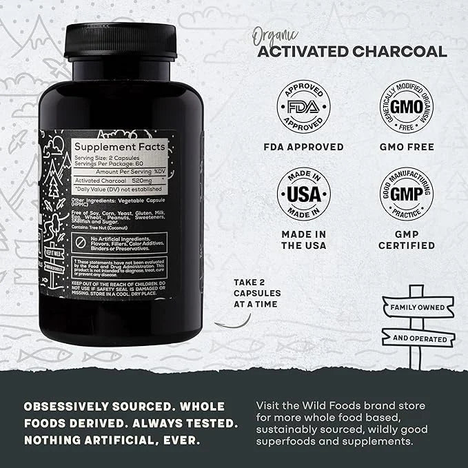 Wild Foods Activated Charcoal Capsules | 100% Organic Coconut Shells Active Tablets for Bloating & Hangover | Lab Tested &...