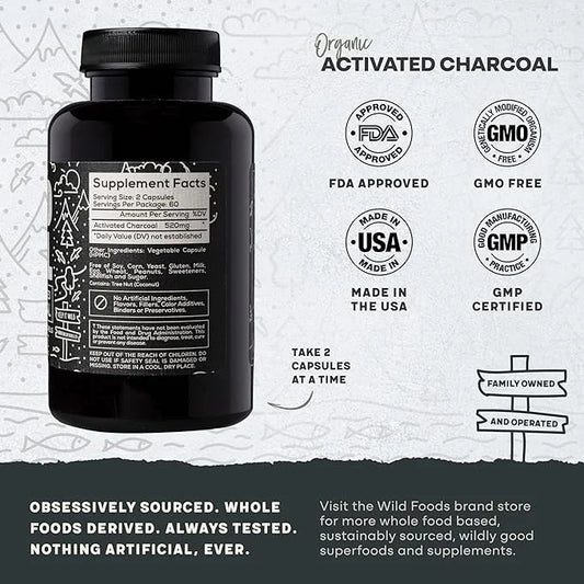 Wild Foods Activated Charcoal Capsules | 100% Organic Coconut Shells Active Tablets for Bloating & Hangover | Lab Tested &...