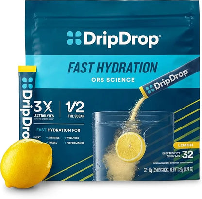 DripDrop Hydration - Lemon - Electrolyte Drink Mix Single Serve Hydration Powder Packets | Non-GMO, Gluten Free, Vegan | 3...