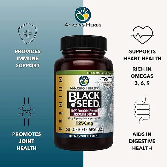 Amazing Herbs Premium Black Seed Oil Capsules - High Potency, Cold Pressed Nigella Sativa Aids in Digestive Health, Immune...