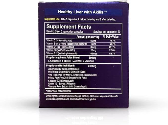 Akilis Antioxidant Liver Support Pills 100 Vegi Caps (33 Doses), Better Mornings After Drinking, Hovenia dulcis, Vine Tea ...