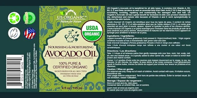 US Organic Avocado Oil Unrefined Virgin, USDA Certified Organic, 100% Pure & Natural, Cold Pressed, in Amber Glass Bottle ...