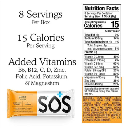 SOS Hydration Electrolyte Powder Packets, Mango Flavor, 8 Stick Packs – Low-Calorie, Rapid Rehydration, Made in USA, Keto ...