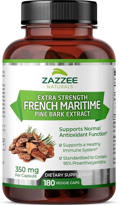 Zazzee Extra Strength French Maritime Pine 350 mg 180 Vegan 95% Proanthocyanidins, 6 Month