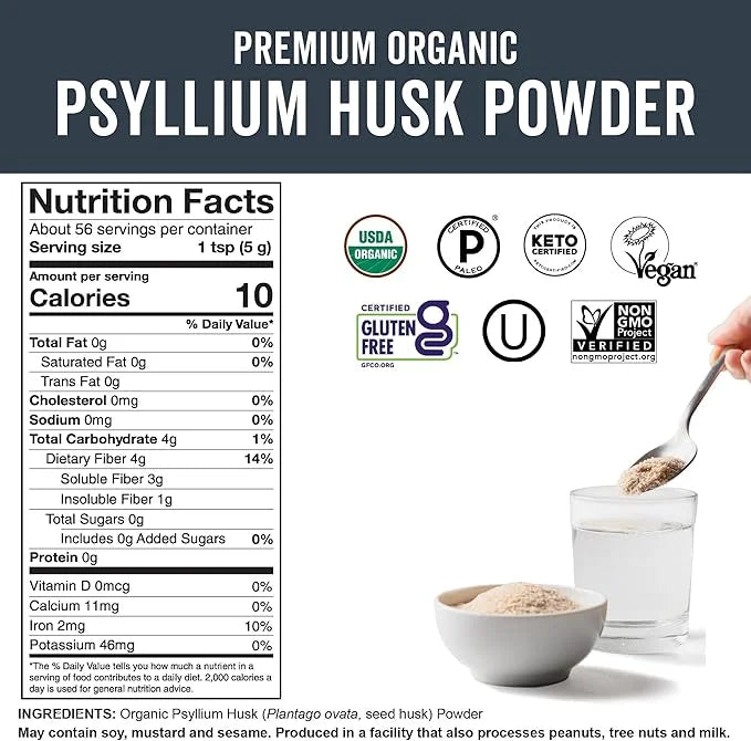 Viva Naturals Organic Psyllium Husk Powder, 10 oz - Finely Ground, Unflavored Plant Based Superfood - Good Source of Fiber...