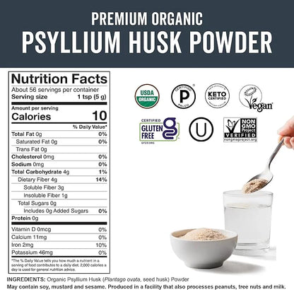 Viva Naturals Organic Psyllium Husk Powder, 10 oz - Finely Ground, Unflavored Plant Based Superfood - Good Source of Fiber...