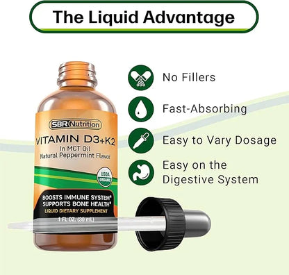 MAX Absorption, Vitamin D3 + K2 (MK-7) Liquid Drops with MCT Oil, Peppermint Flavor, Helps Support Strong Bones and Health...