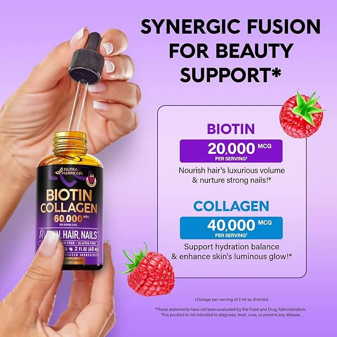 Liquid Biotin & Collagen - Vitamins for Hair Growth Support for Women & Men - Extra Strength 60000 mcg Drops - B7 Suppleme...