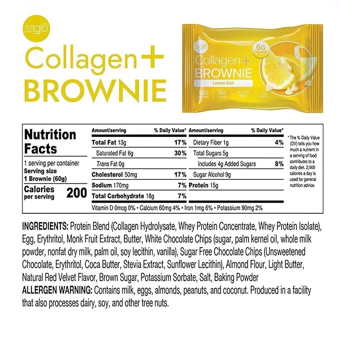 321glo Collagen Protein Brownie | Gluten Free, Low Sugar | Keto Snack for Women, Men, & Kids | 16g Protein, 6g Collagen | ...