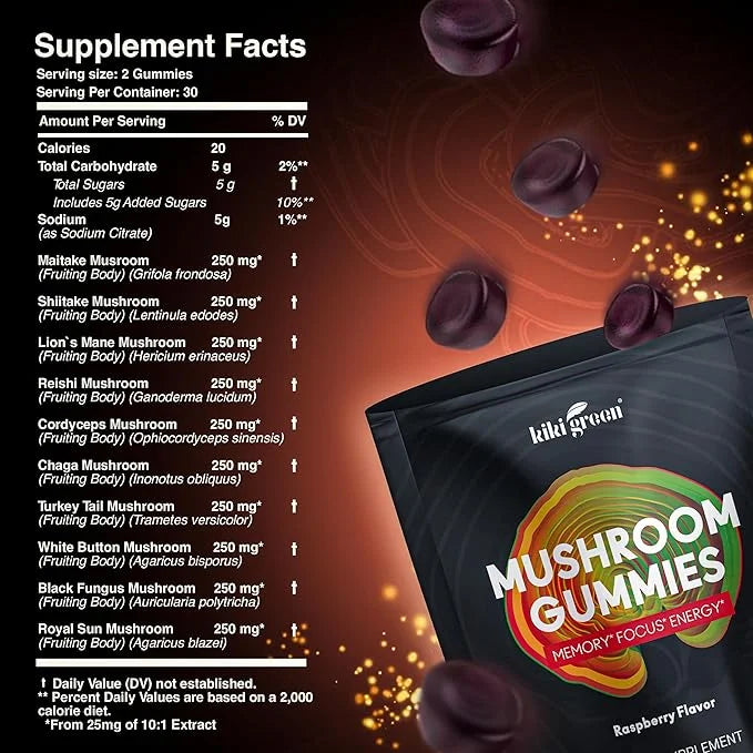 Mushroom Gummies with Lion's Mane & 9 Adaptogen 60 Gummies, 10:1 Extract