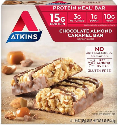 Atkins Chocolate Chip Granola Protein Meal Bar, High Fiber, 17g Protein, 12 Count and Chocolate Almond Caramel Bar, Keto-F...