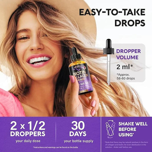 Liquid Biotin & Collagen - Vitamins for Hair Growth Support for Women & Men - Extra Strength 60000 mcg Drops - B7 Suppleme...
