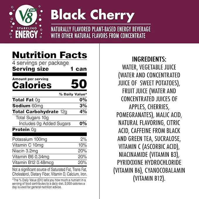 V8 +SPARKLING ENERGY Black Cherry Energy Drink, Made with Real Vegetable and Fruit Juices, 11.5 FL OZ Can 4 Count (Pack of...