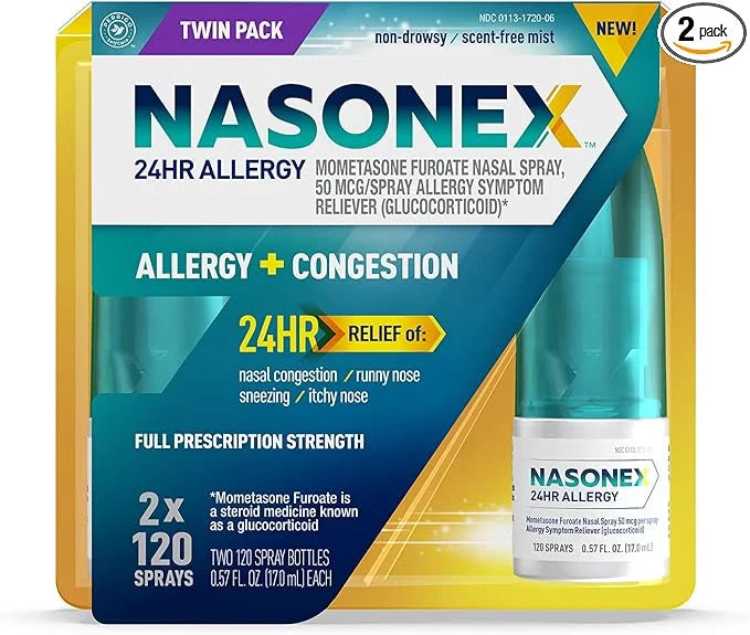 Nasonex 24HR Allergy Nasal Spray, Allergy Strength,120 Spray, 2 Pack