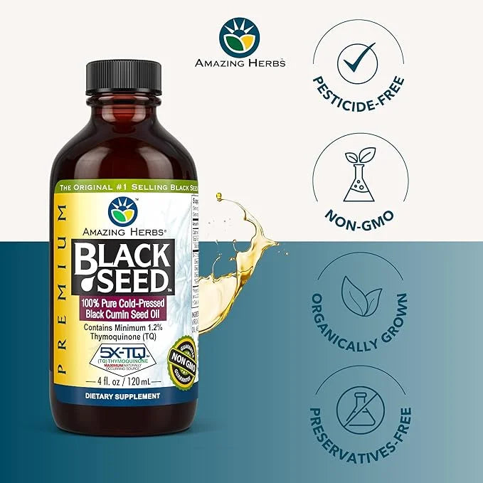 Amazing Herbs Premium Black Seed Oil - Cold Pressed Nigella Sativa Aids in Digestive Health, Immune Support, Brain Functio...