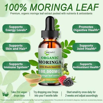 Organic Moringa Liquid Drops,Pure Moringa Oleifera Leaves Extract w/Black Seed Oil Supplement for Energy,Skin,Gut Health,I...