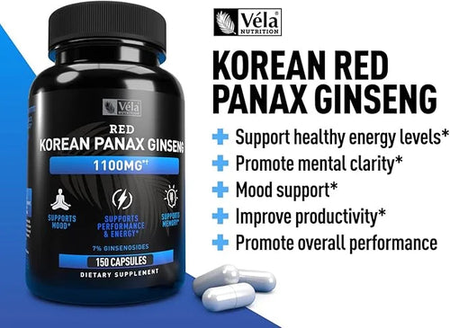 Vela Red Korean Panax Ginseng Supplement 1,100mg per 3rd Party 150 Capsules