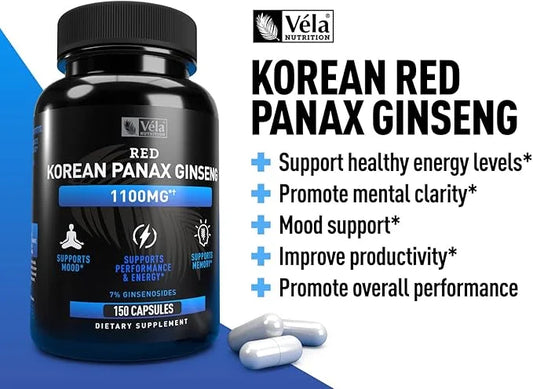 Vela Red Korean Panax Ginseng Supplement 1,100mg per 3rd Party 150 Capsules