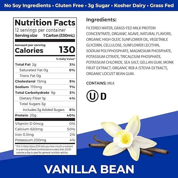Orgain Clean Protein Shake, Grass Fed Dairy, Vanilla Bean - 20g Whey High Protein, Kosher, Ready to Drink, Low Net Carbs, ...