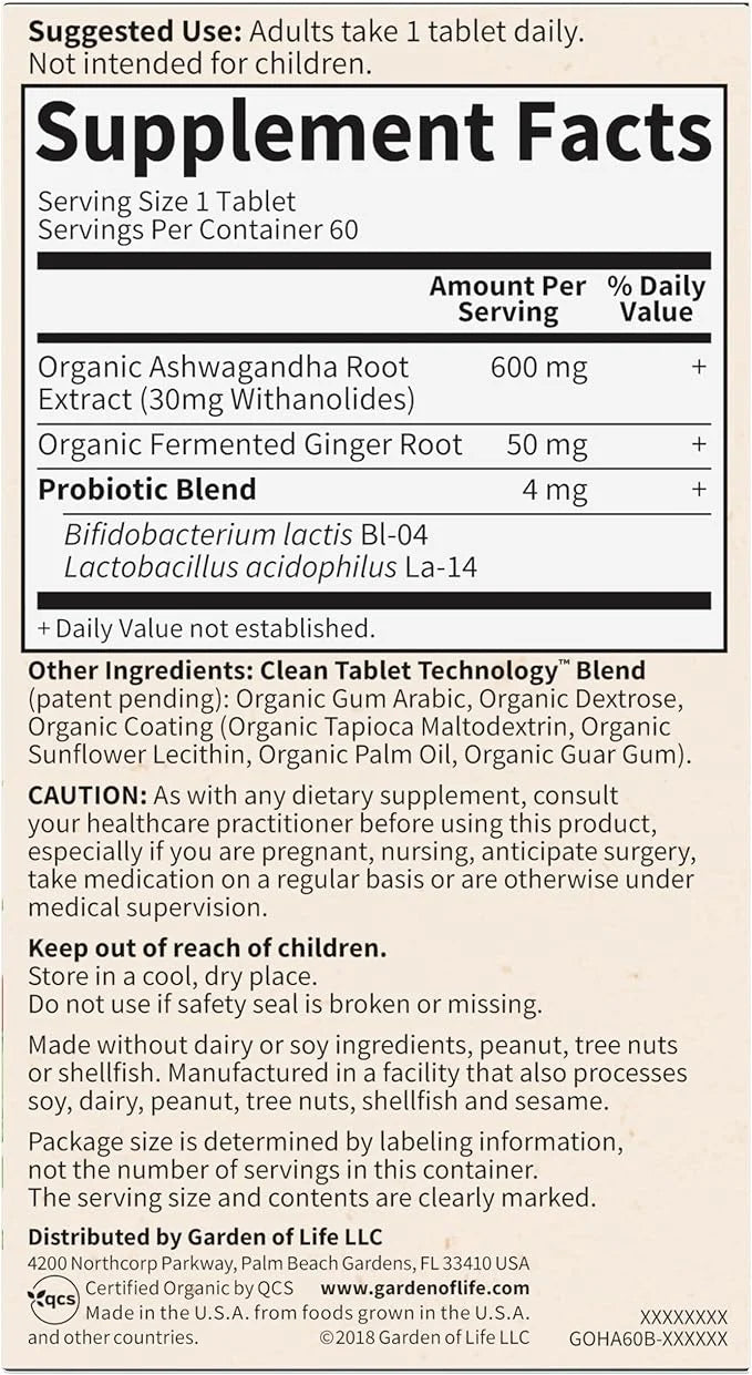 Garden of Life Organics Ashwagandha Stress, 2 Month 60 Tablets
