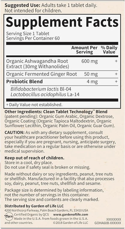 Garden of Life Organics Ashwagandha Stress, 2 Month 60 Tablets