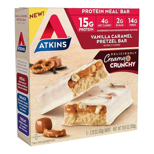 Atkins Vanilla Caramel Pretzel Protein Meal Bar, High Fiber, 2g Sugar, 4g Net Carbs, Meal Replacement, Keto Friendly, 5 Co...
