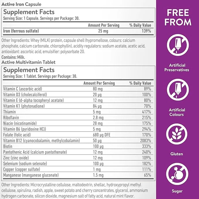 Active Iron for Women, Non-Constipating, 30 Active Iron High Potency Capsules with 30 Multivitamin Tablets, Helps Strength...