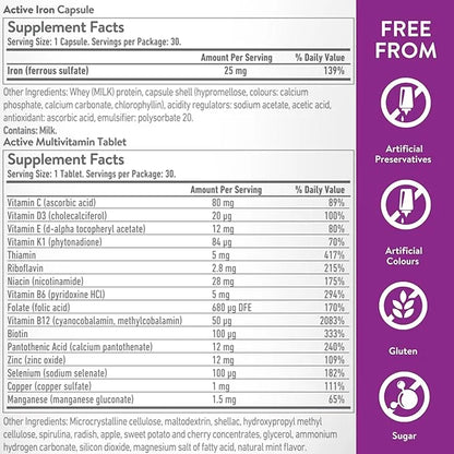 Active Iron for Women, Non-Constipating, 30 Active Iron High Potency Capsules with 30 Multivitamin Tablets, Helps Strength...