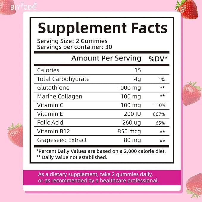 Glutathione Gummies: 1000mg Glutathione/Serving, 100mg Marine B12, Folic Extract.60 Gummies,30 Gummies,30 Day