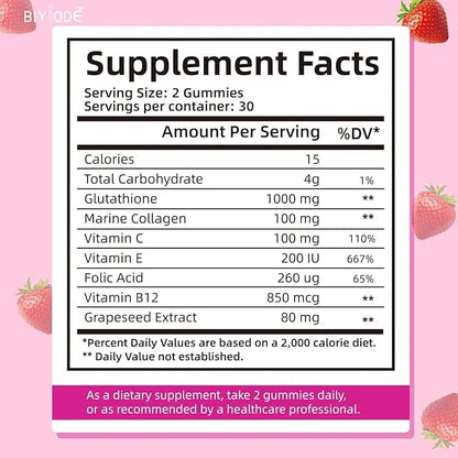 Glutathione Gummies: 1000mg Glutathione/Serving, 100mg Marine B12, Folic Extract.60 Gummies,30 Gummies,30 Day