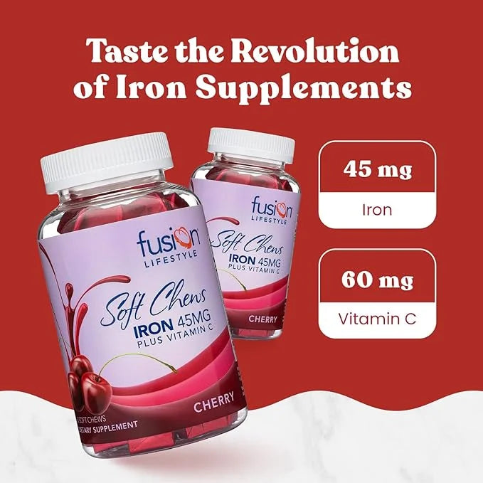 Chewable Iron Supplement for Women & Men - Cherry Flavor, Iron Vitamin C Soft Chew for Max Absorption, Iron as Ferrous Fum...