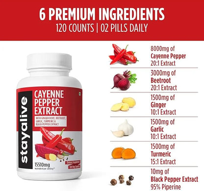 Stay Alive Cayenne Pepper 8000mg, Ginger 1500mg, Garlic 1500mg, Turmeric 1500mg, BeetRoot 3000mg, Black 120 Cayenne