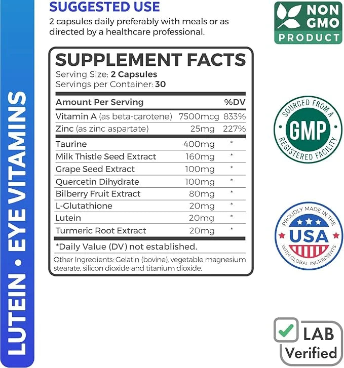 Lutein Eye Vitamins (Non-GMO) Vision Support 60 Capsules