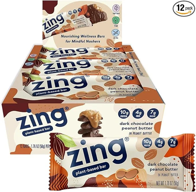 Zing Dark Chocolate Peanut Butter Vegan Protein Bars, Gluten Free with High Protein, High Fiber, Dairy Free Nutrition Bars...