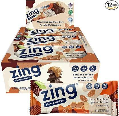 Zing Dark Chocolate Peanut Butter Vegan Protein Bars, Gluten Free with High Protein, High Fiber, Dairy Free Nutrition Bars...