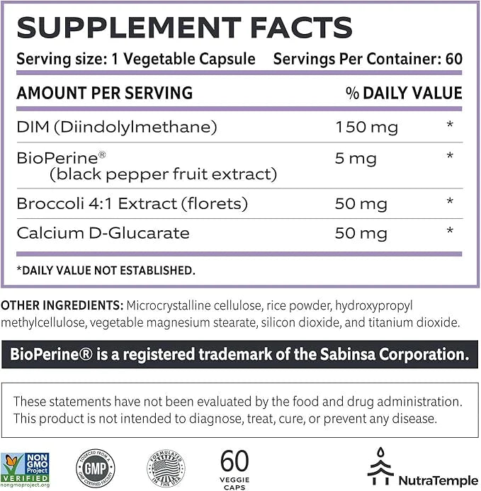 Dim Supplement [Enhanced Absorption with Bioperine, Brocolli, Calcium] Diindolylmethane Hormonal Balance for Women & Men, ...