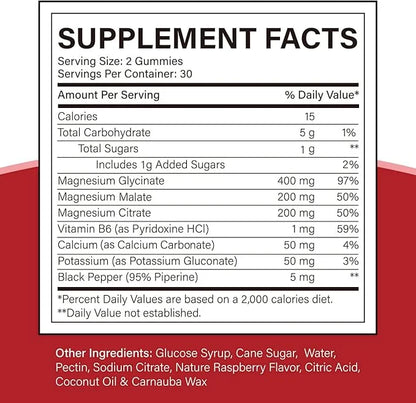 Magnesium Glycinate 400mg, Citrate 200mg, Malate 200mg, Triple B6- Vegan, 120 Raspberry