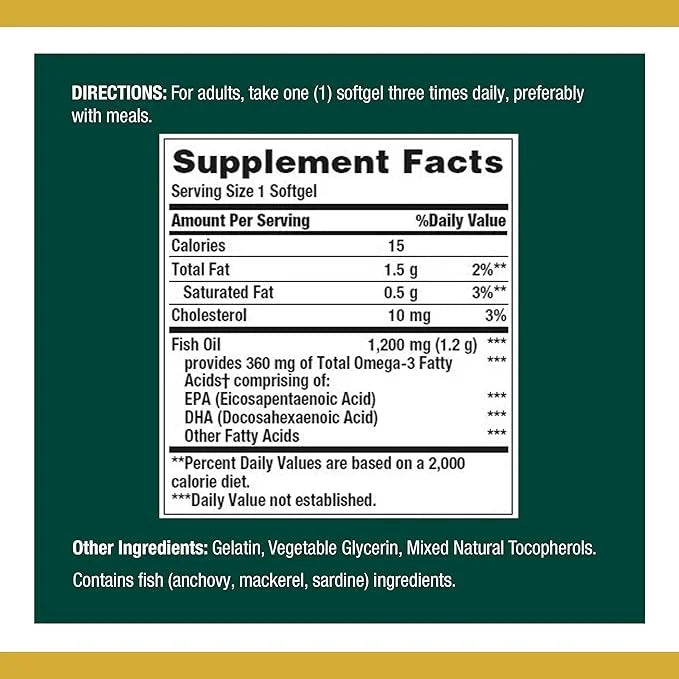 Nature’s Bounty Fish Oil, 1200mg, 360mg Omega-3, 120 120 (3 (3 Pack 360 Total) 120 Softgels