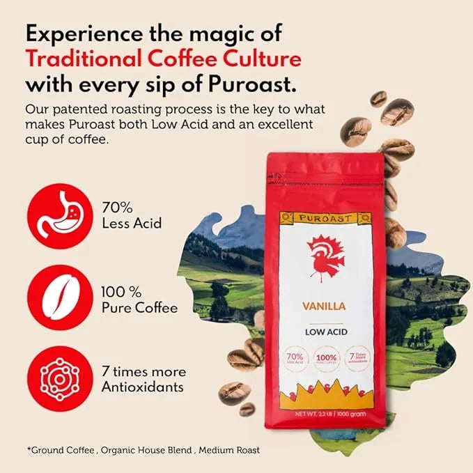 Puroast Low Acid Coffee Ground | Vanilla Blend Ground | Medium Roast | High Antioxidants & High pH |No Bitter Aftertaste |...