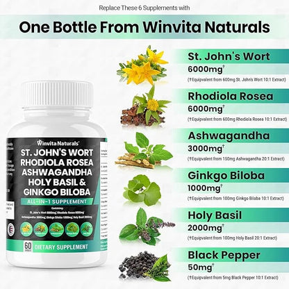 St Johns Wort 6000mg Rhodiola Rosea 6000mg Ashwagandha 3000mg Holy 2000mg Ginkgo 1000mg -