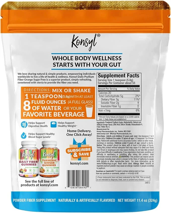 Konsyl Daily Fiber Orange Sugar-Free 100% Natural Psyllium Husk Powder - Product Image