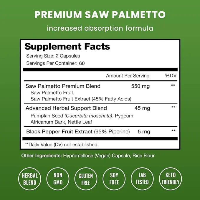 Saw Palmetto Supplement for Prostate Health 600mg Complex 120 Capsules